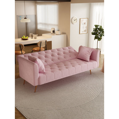 Divano letto trasformabile in velluto rosa a 3 posti con cuscini decorativi