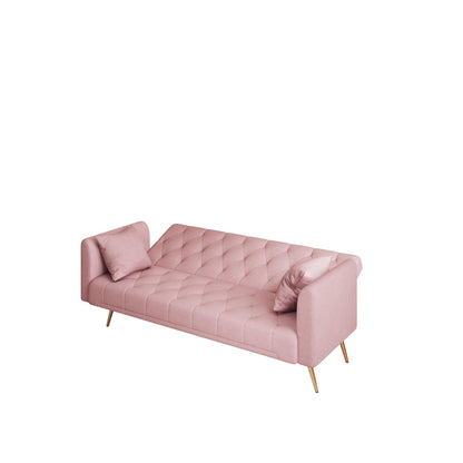 Divano letto trasformabile in velluto rosa a 3 posti con cuscini decorativi