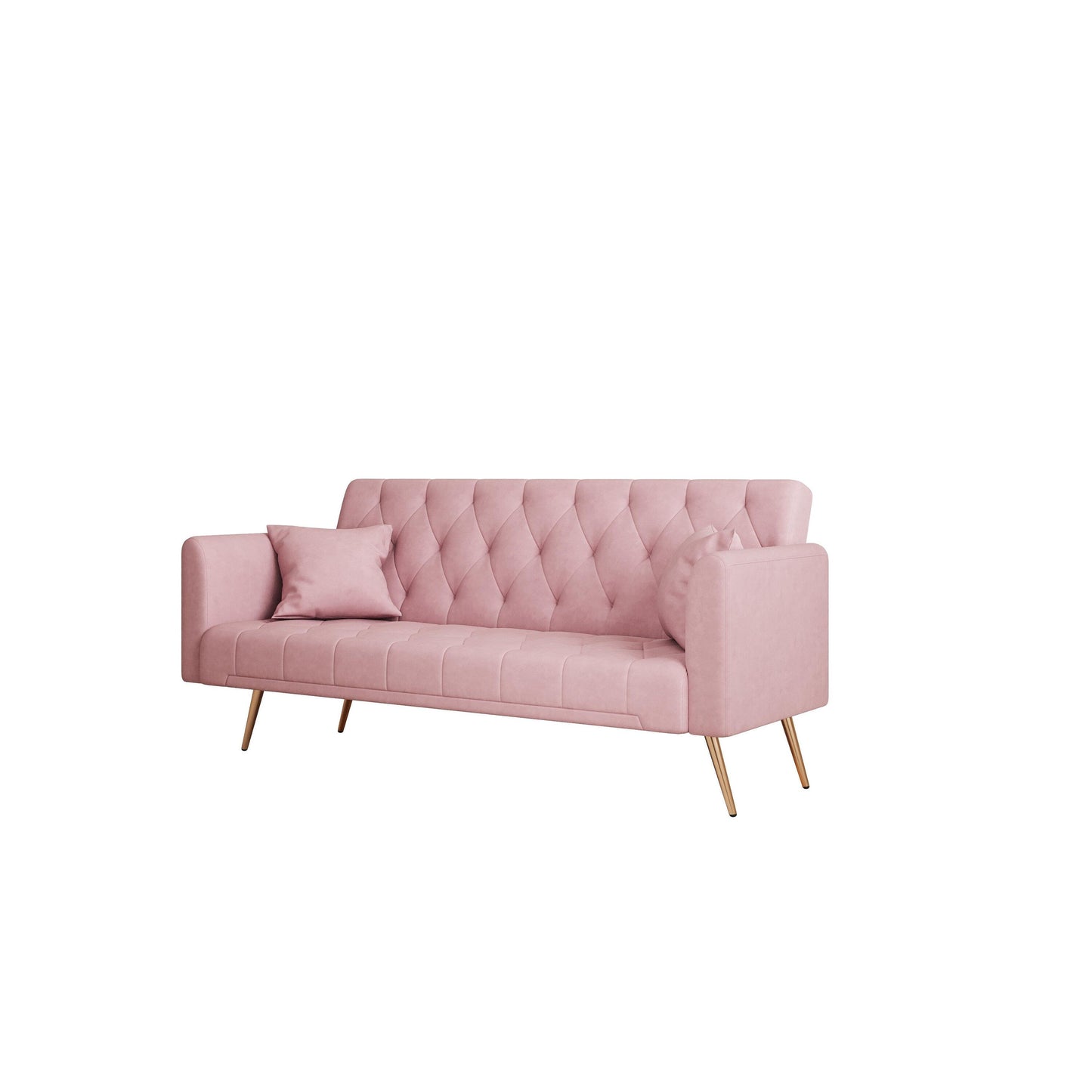 Divano letto trasformabile in velluto rosa a 3 posti con cuscini decorativi