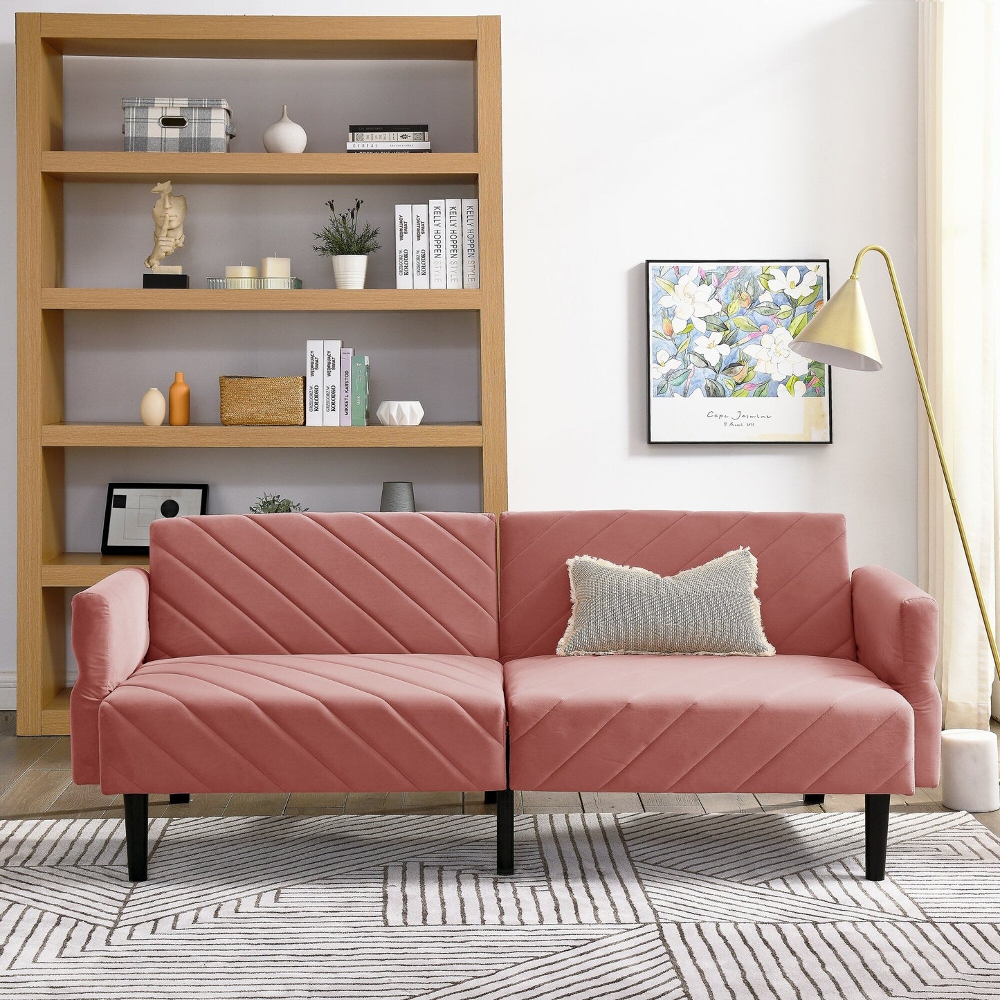 Divano letto futon convertibile imbottito in velluto rosa