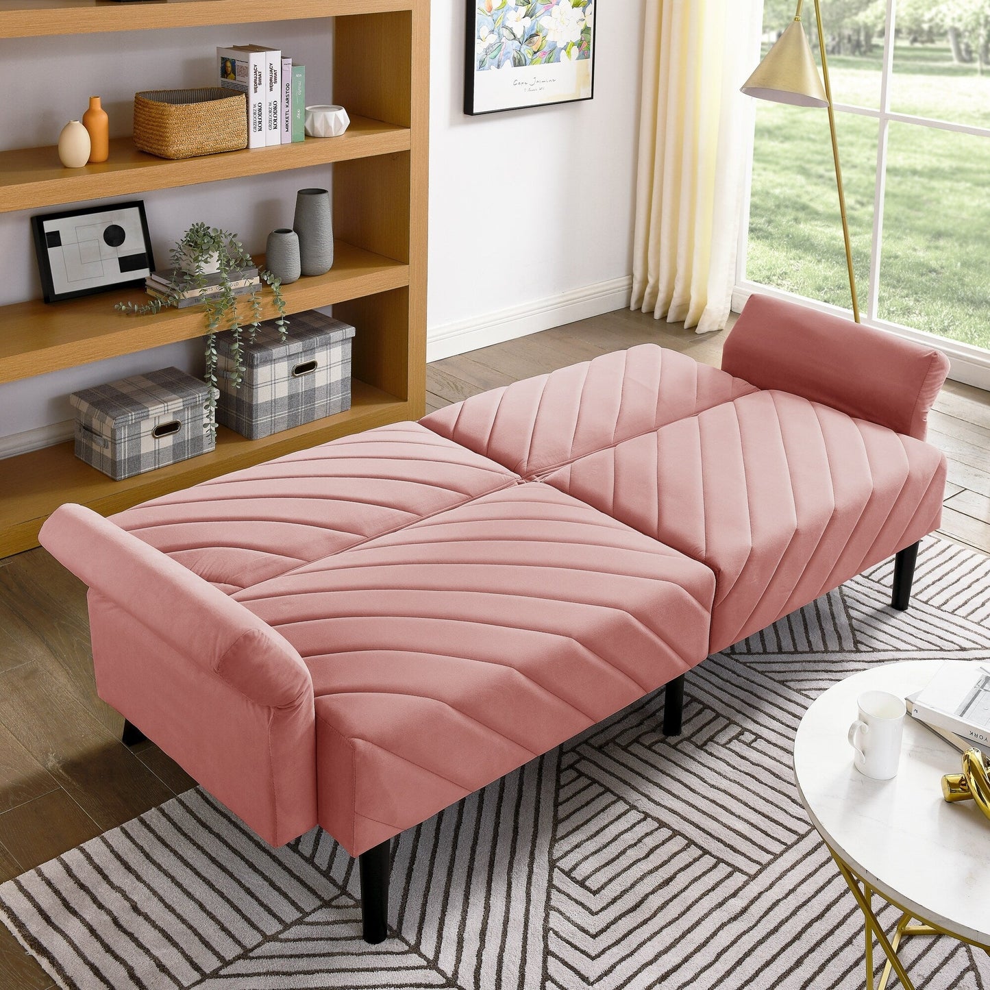 Divano letto futon convertibile imbottito in velluto rosa