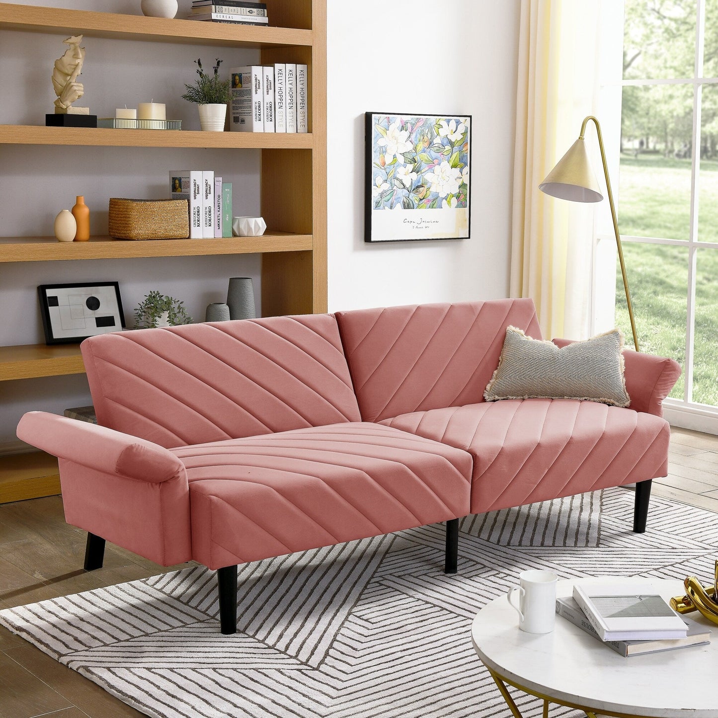 Divano letto futon convertibile imbottito in velluto rosa