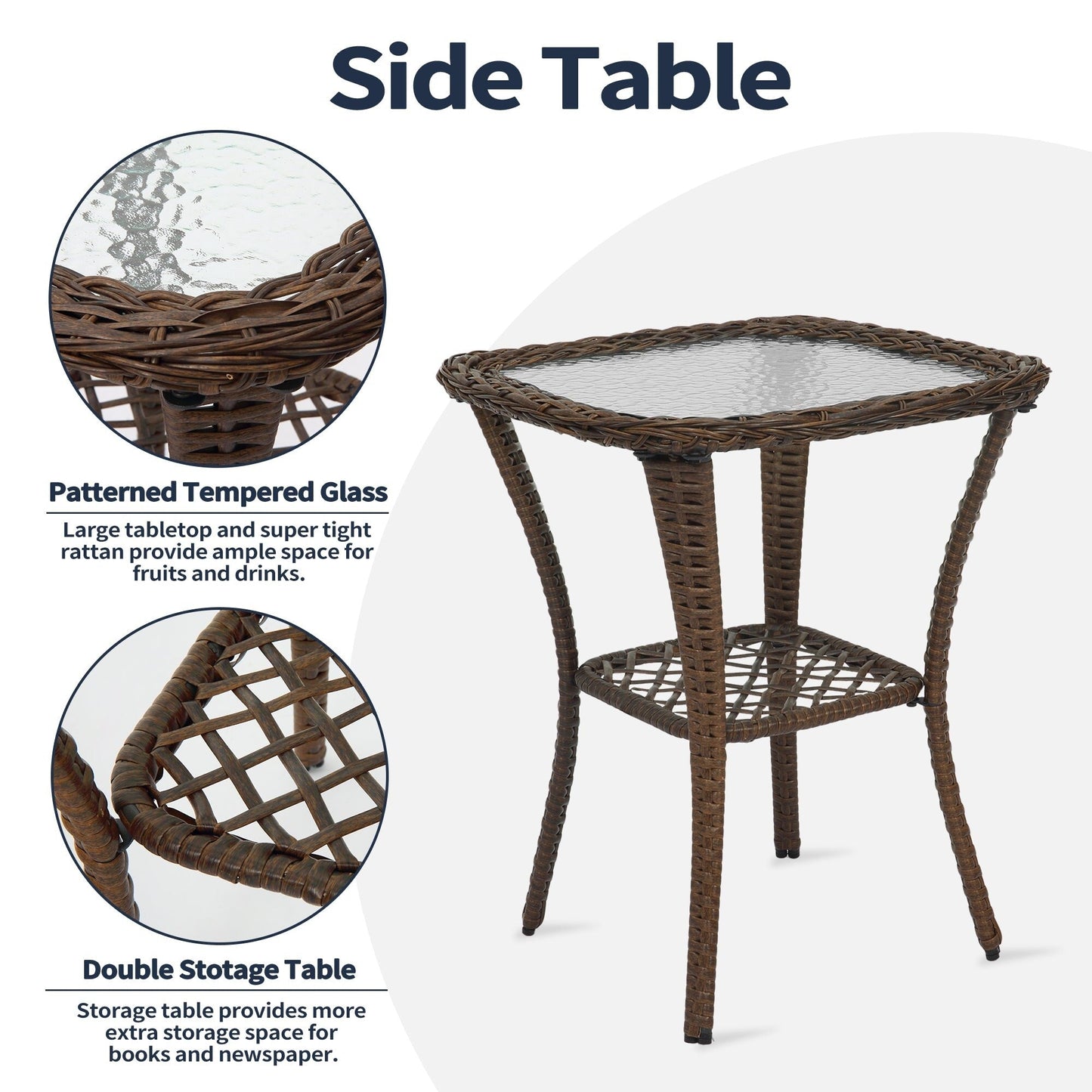 Set di mobili da giardino da 3 pezzi, set da bistrot girevole per esterni con sedie a dondolo in vimini e tavolino da caffè in vetro