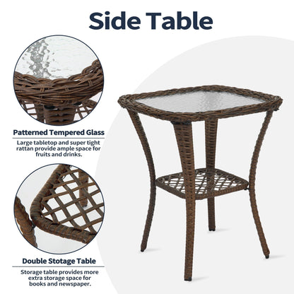 Set di mobili da giardino da 3 pezzi, set da bistrot girevole per esterni con sedie a dondolo in vimini e tavolino da caffè in vetro