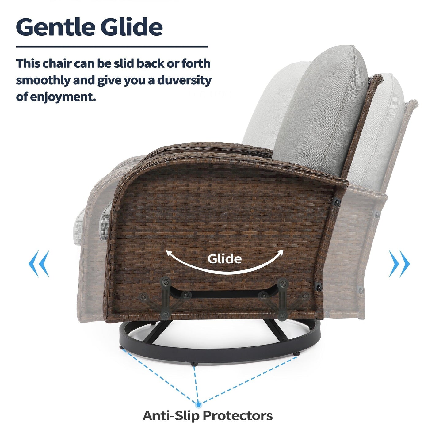 Set di mobili da giardino da 3 pezzi, set da bistrot girevole per esterni con sedie a dondolo in vimini e tavolino da caffè in vetro