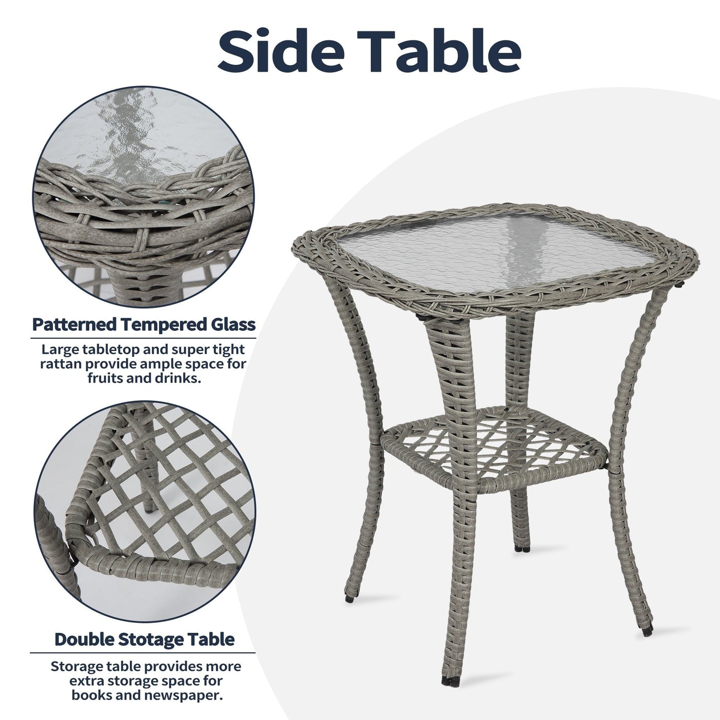 Set di mobili da giardino da 3 pezzi, set da bistrot girevole per esterni con sedie a dondolo in vimini e tavolino da caffè in vetro