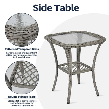 Set di mobili da giardino da 3 pezzi, set da bistrot girevole per esterni con sedie a dondolo in vimini e tavolino da caffè in vetro