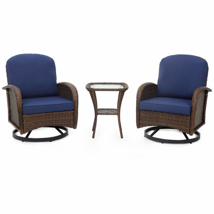 Set di mobili da giardino da 3 pezzi, set da bistrot girevole per esterni con sedie a dondolo in vimini e tavolino da caffè in vetro