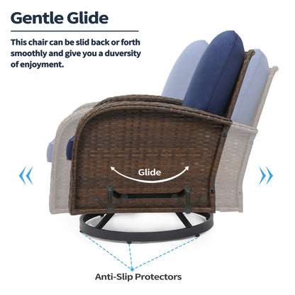 Set di mobili da giardino da 3 pezzi, set da bistrot girevole per esterni con sedie a dondolo in vimini e tavolino da caffè in vetro