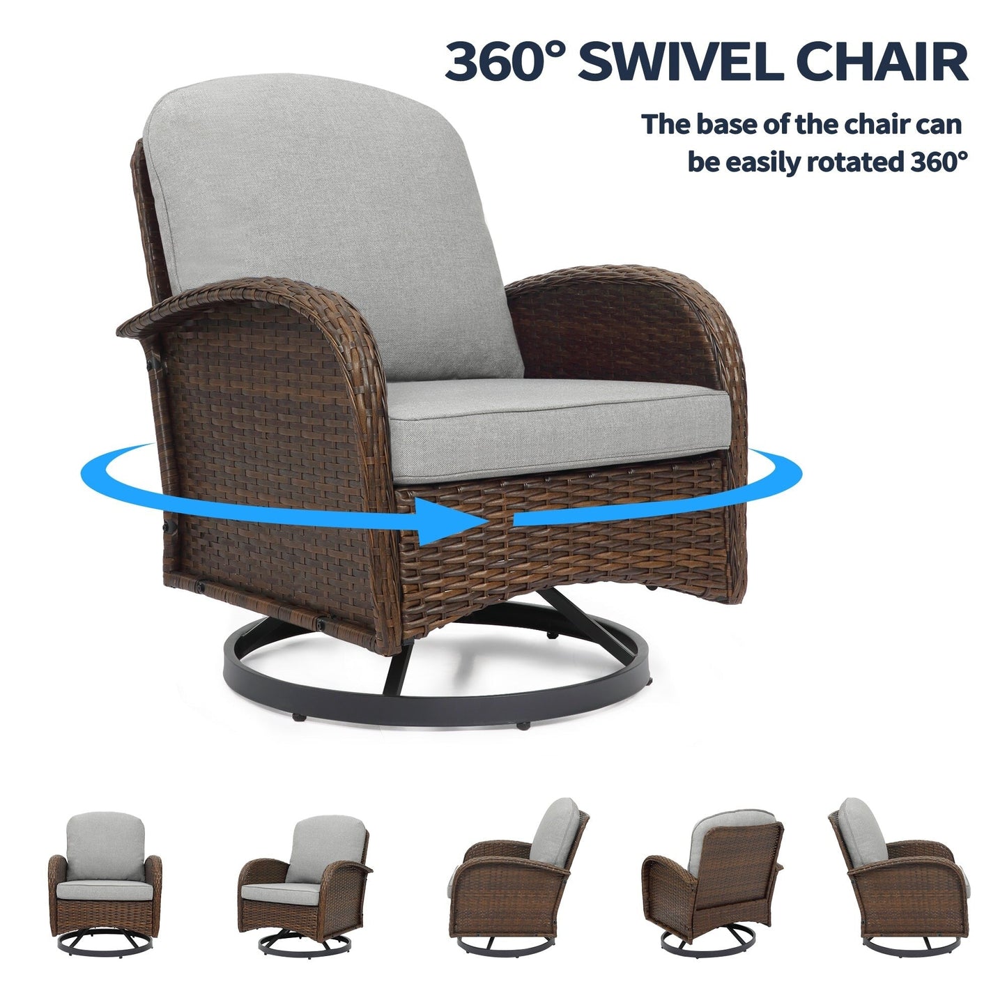 Set di mobili da giardino da 3 pezzi, set da bistrot girevole per esterni con sedie a dondolo in vimini e tavolino da caffè in vetro