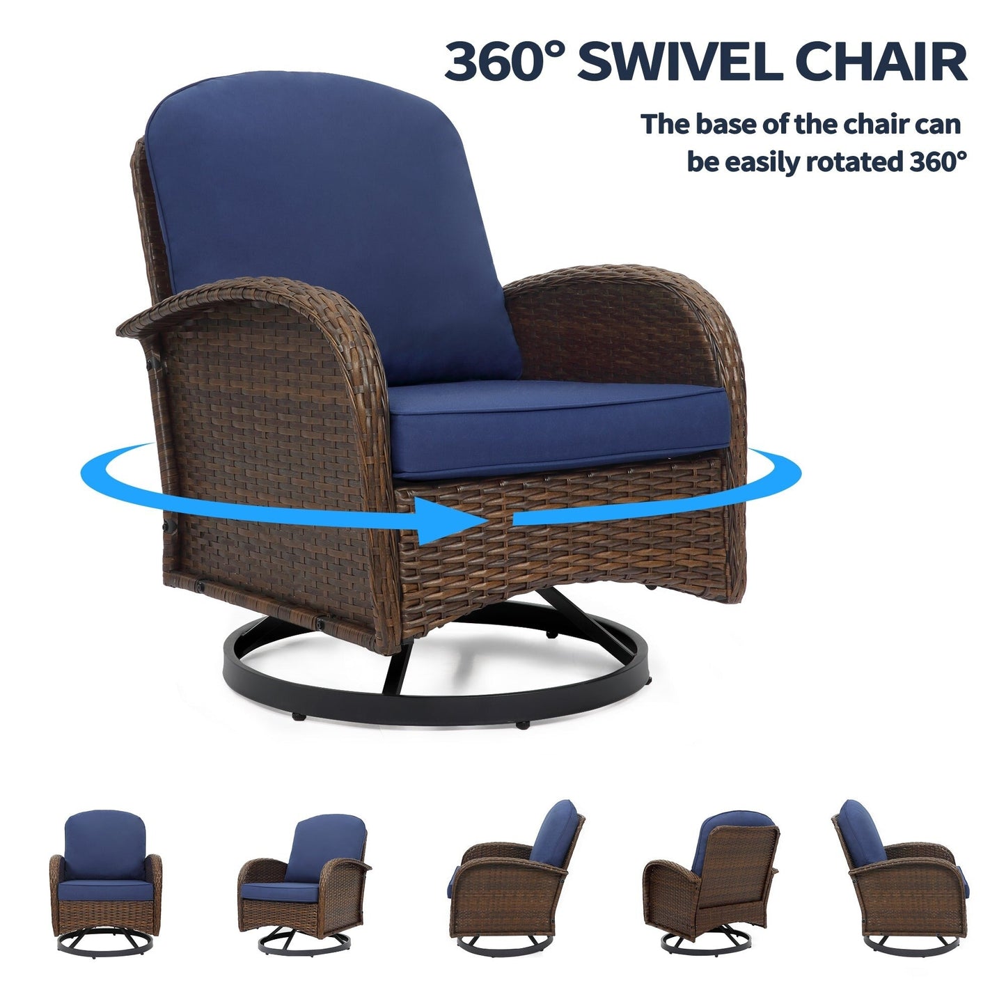 Set di mobili da giardino da 3 pezzi, set da bistrot girevole per esterni con sedie a dondolo in vimini e tavolino da caffè in vetro