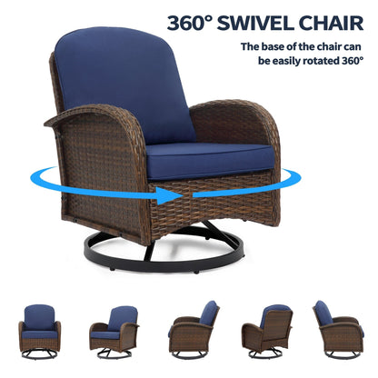 Set di mobili da giardino da 3 pezzi, set da bistrot girevole per esterni con sedie a dondolo in vimini e tavolino da caffè in vetro