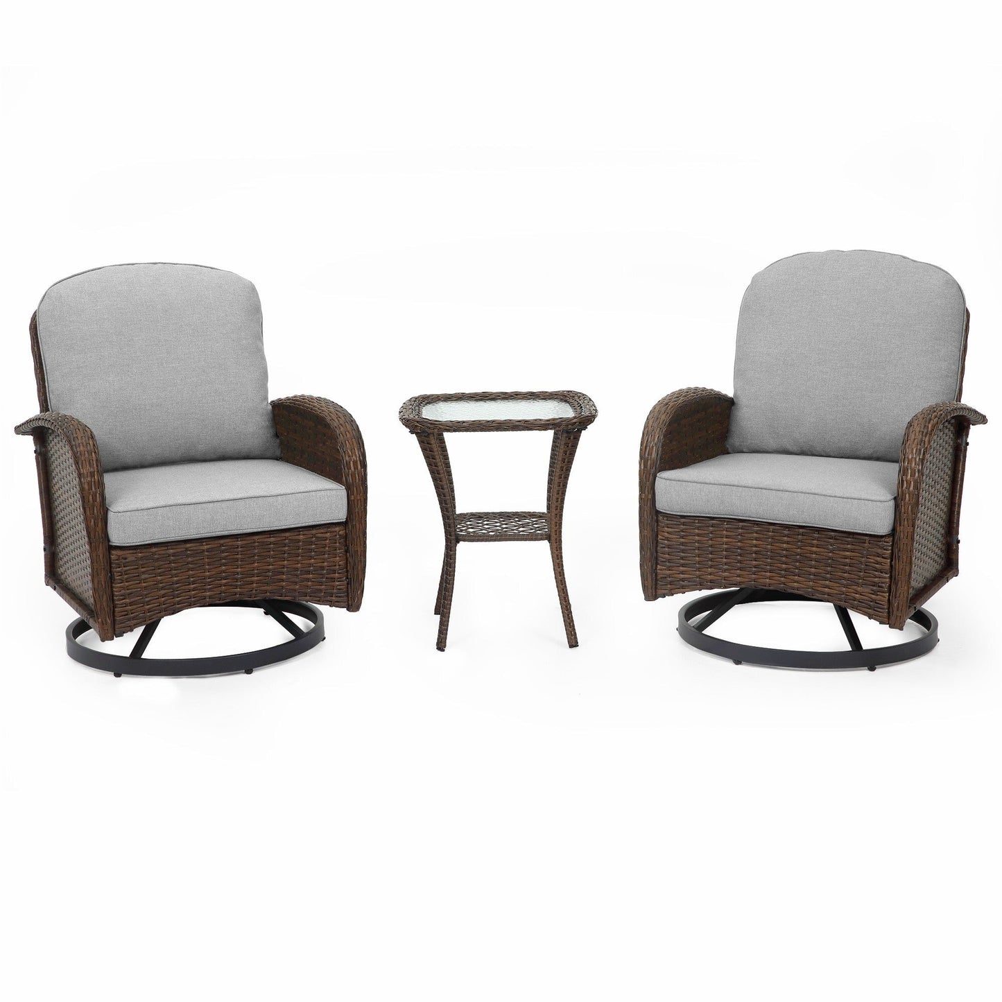 Set di mobili da giardino da 3 pezzi, set da bistrot girevole per esterni con sedie a dondolo in vimini e tavolino da caffè in vetro
