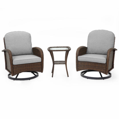 Set di mobili da giardino da 3 pezzi, set da bistrot girevole per esterni con sedie a dondolo in vimini e tavolino da caffè in vetro
