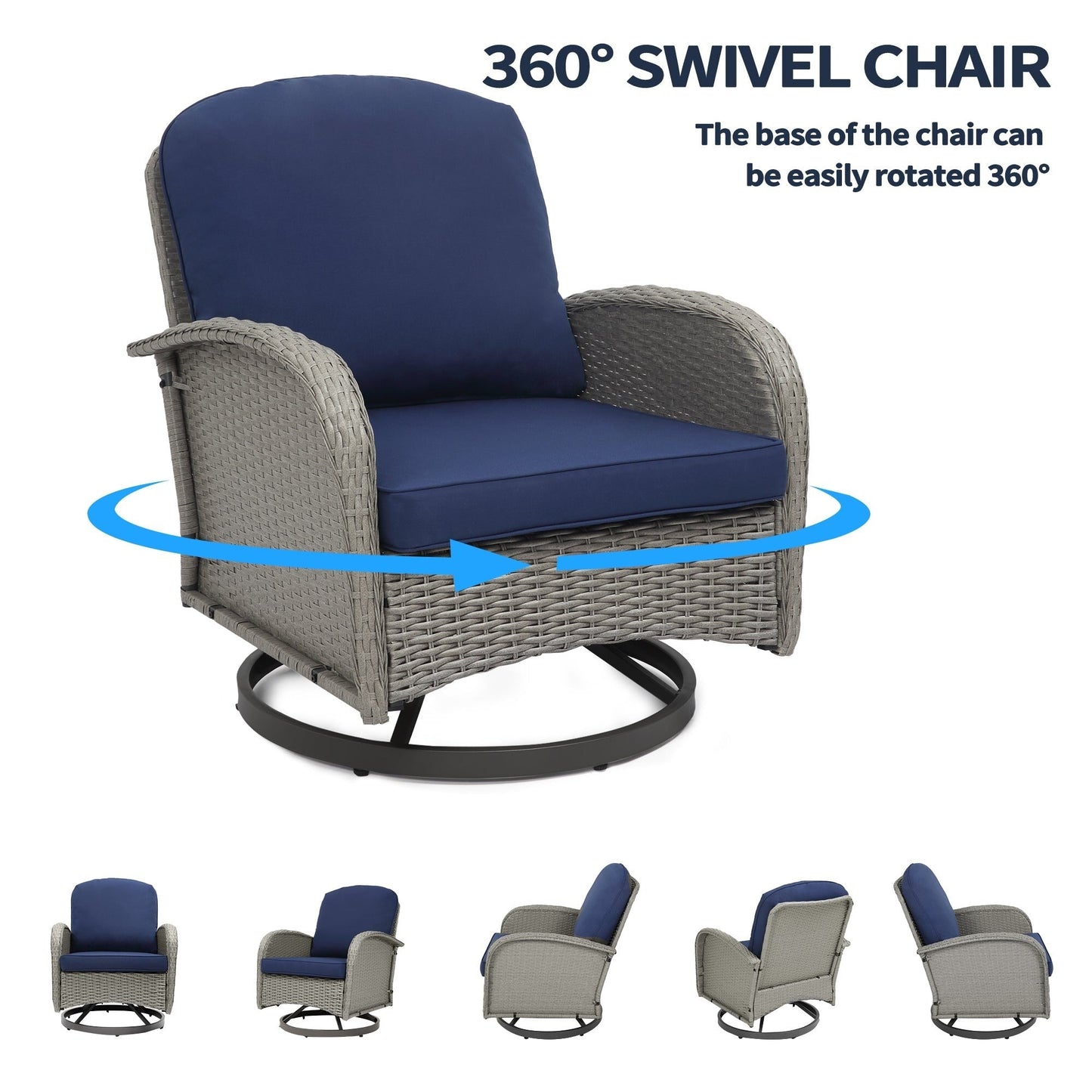 Set di mobili da giardino da 3 pezzi, set da bistrot girevole per esterni con sedie a dondolo in vimini e tavolino da caffè in vetro