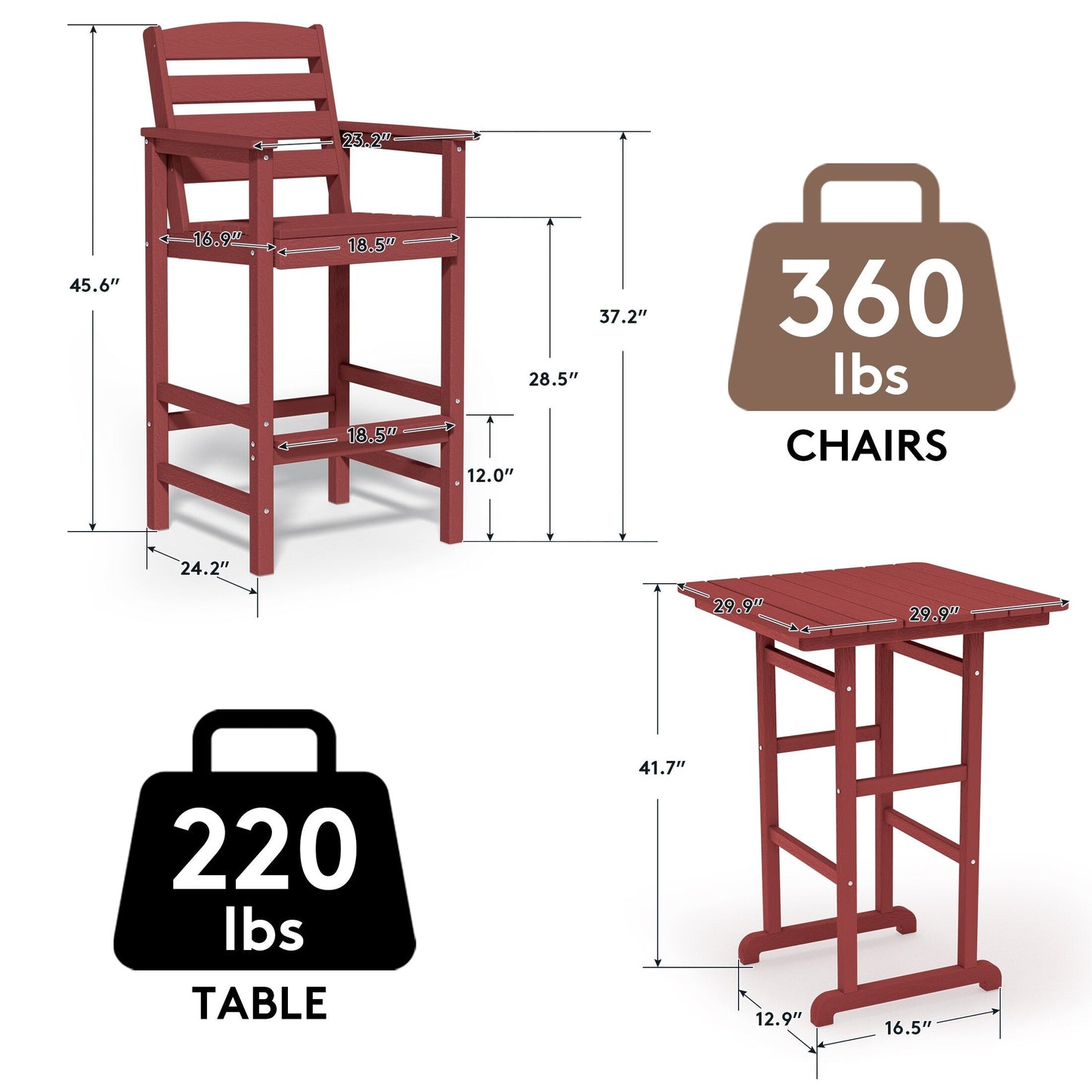 Set di 3 sedie Adirondack alte in plastica, set da conversazione per patio