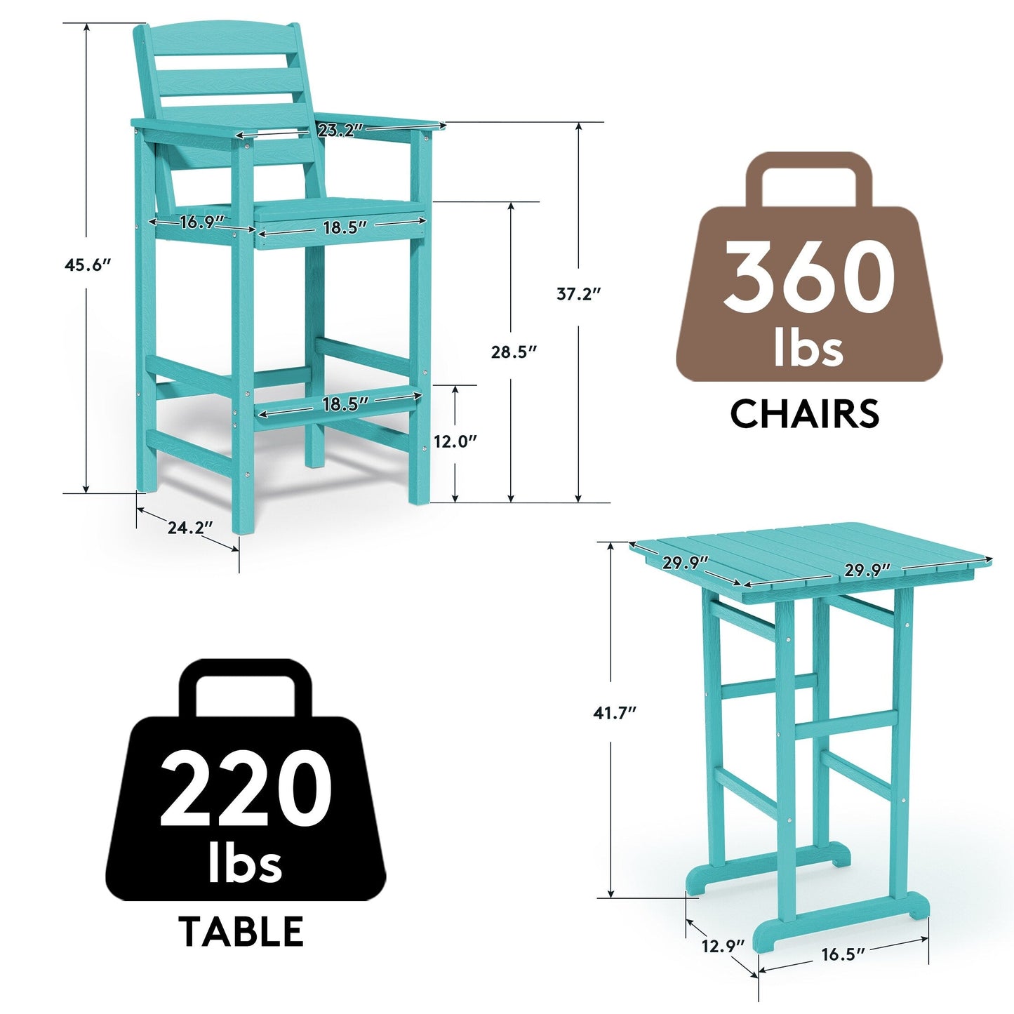 Set di 3 sedie Adirondack alte in plastica, set da conversazione per patio