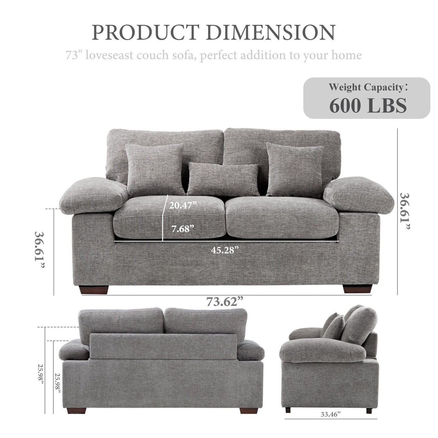 Divano a due posti in ciniglia di peluche 73 - Include 3 cuscini bonus e cuscino posteriore rimovibile - Divano a 2 posti per soggiorno