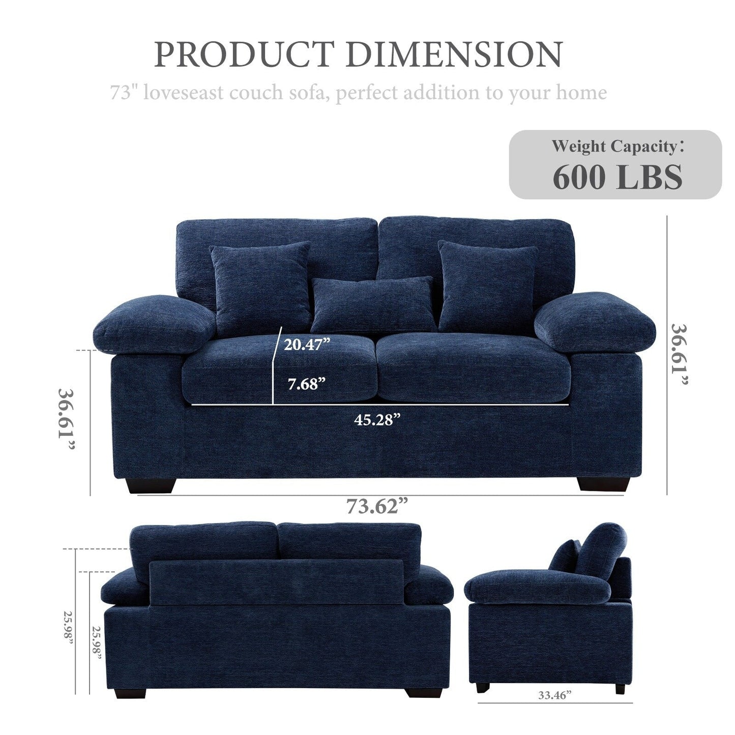 Divano a due posti in ciniglia di peluche 73 - Include 3 cuscini bonus e cuscino posteriore rimovibile - Divano a 2 posti per soggiorno