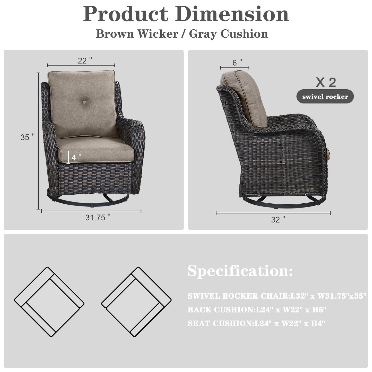 Set da bistrot girevole da esterno Pocassy da 3 pezzi, sedie a dondolo in vimini