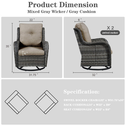 Set da bistrot girevole da esterno Pocassy da 3 pezzi, sedie a dondolo in vimini