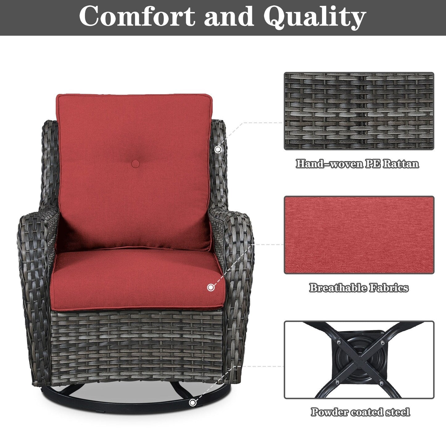 Set da bistrot girevole da esterno Pocassy da 3 pezzi, sedie a dondolo in vimini