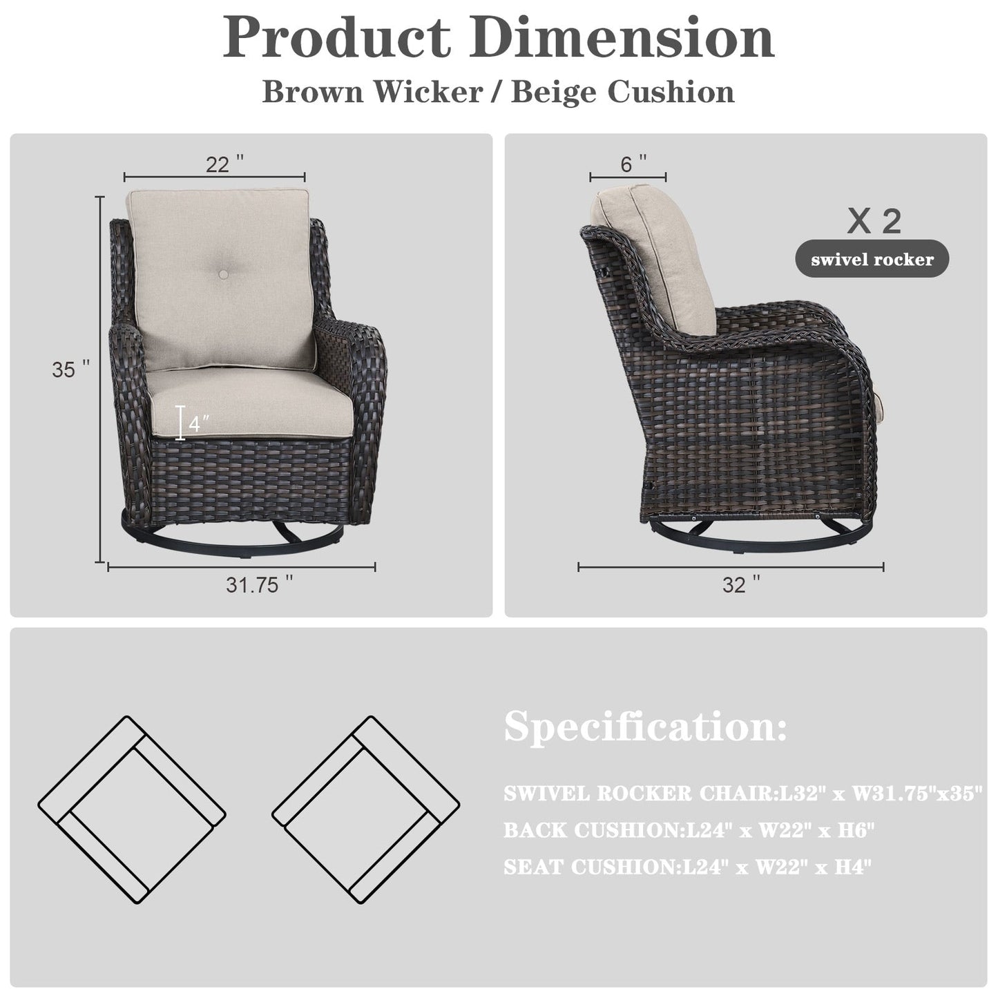 Set da bistrot girevole da esterno Pocassy da 3 pezzi, sedie a dondolo in vimini
