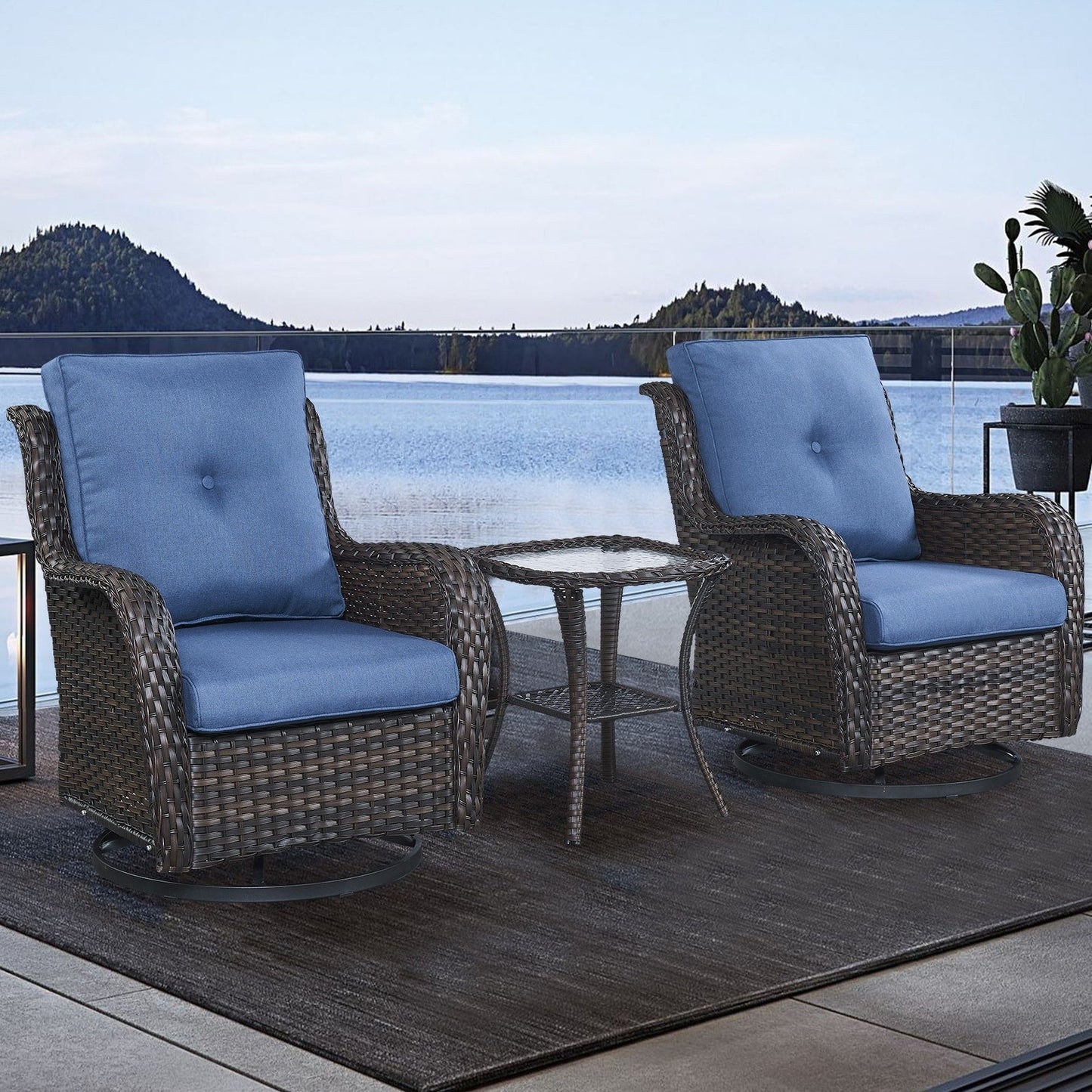 Set da bistrot girevole da esterno Pocassy da 3 pezzi, sedie a dondolo in vimini