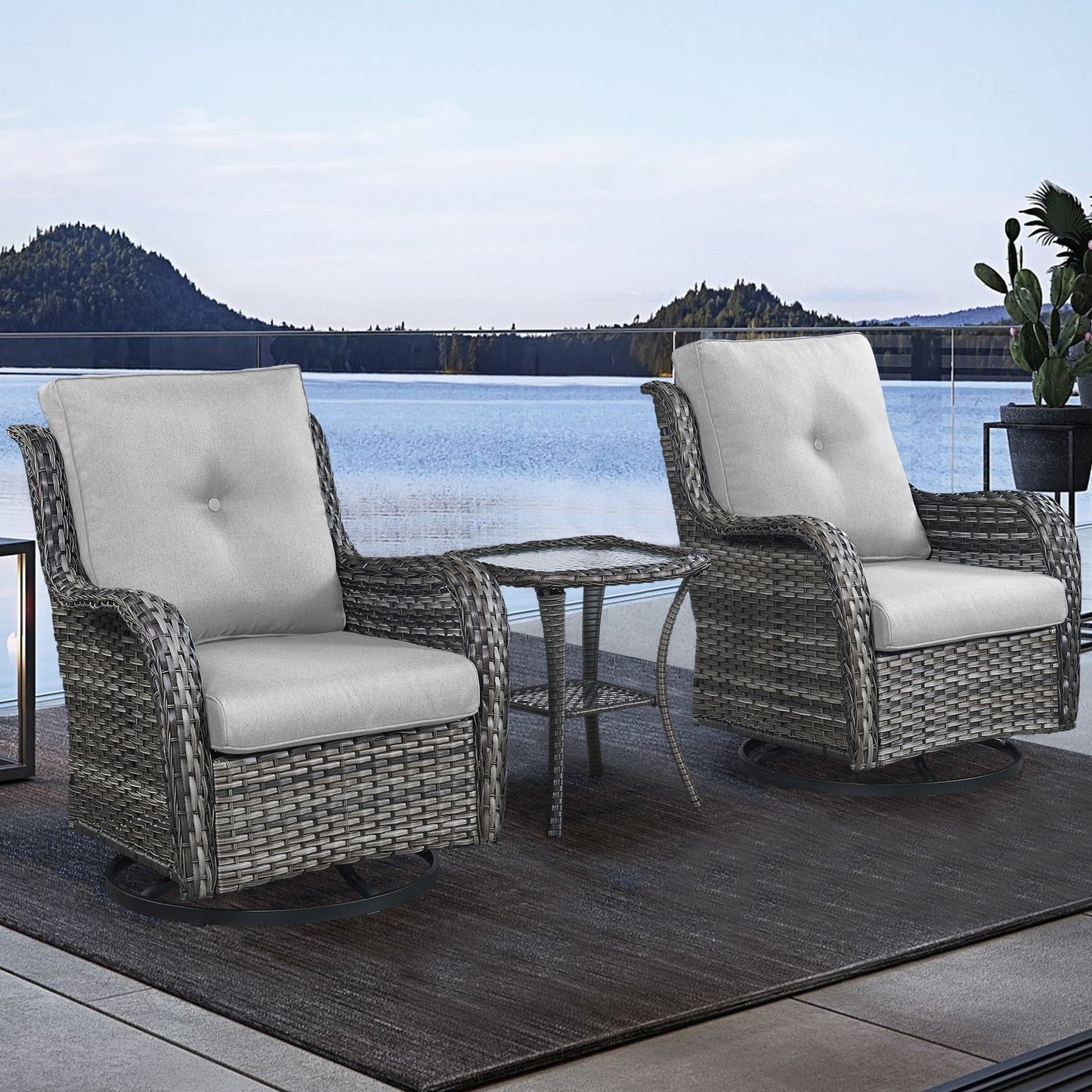 Set da bistrot girevole da esterno Pocassy da 3 pezzi, sedie a dondolo in vimini