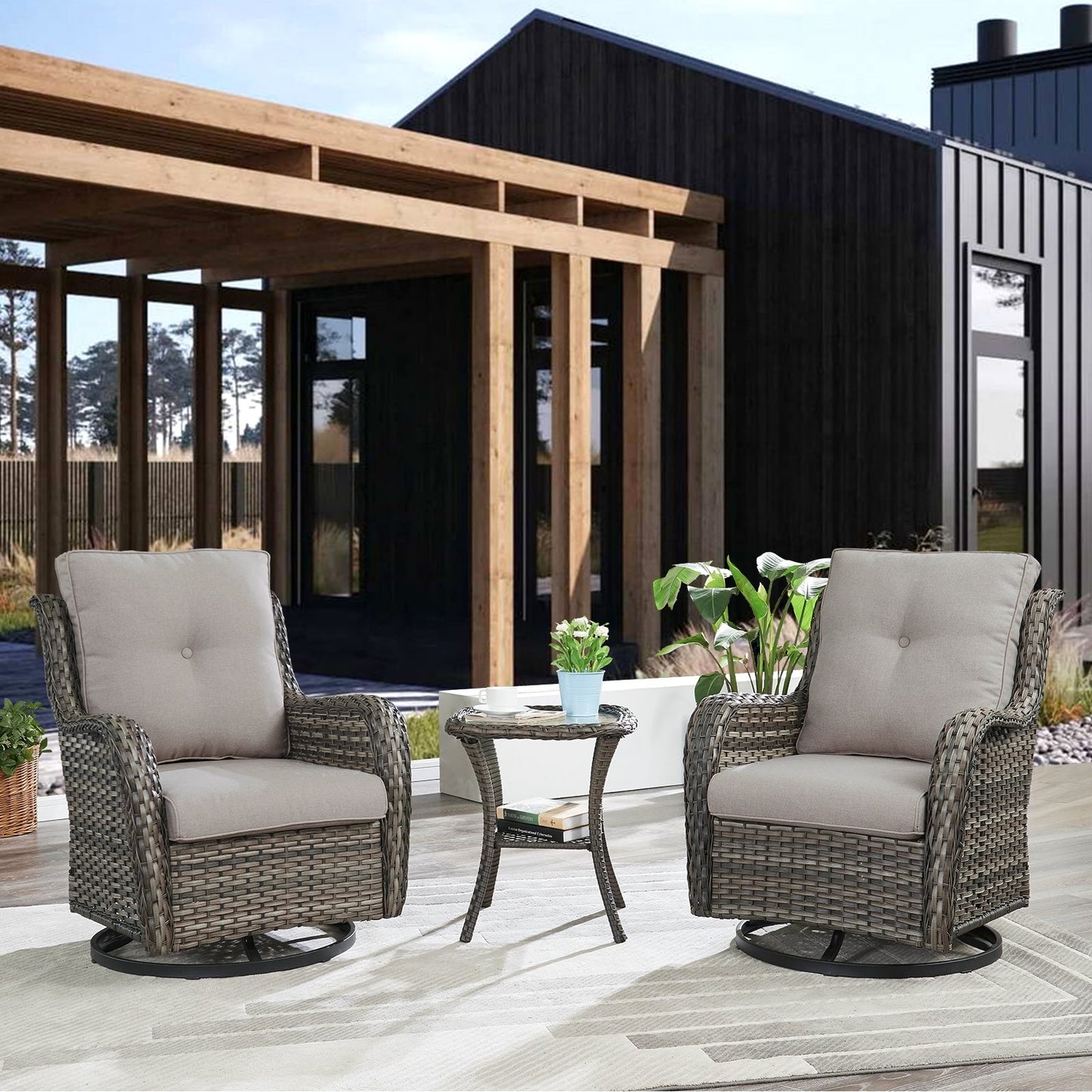 Set da bistrot girevole da esterno Pocassy da 3 pezzi, sedie a dondolo in vimini