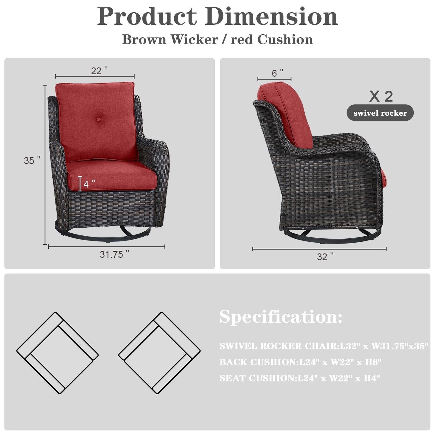Set da bistrot girevole da esterno Pocassy da 3 pezzi, sedie a dondolo in vimini