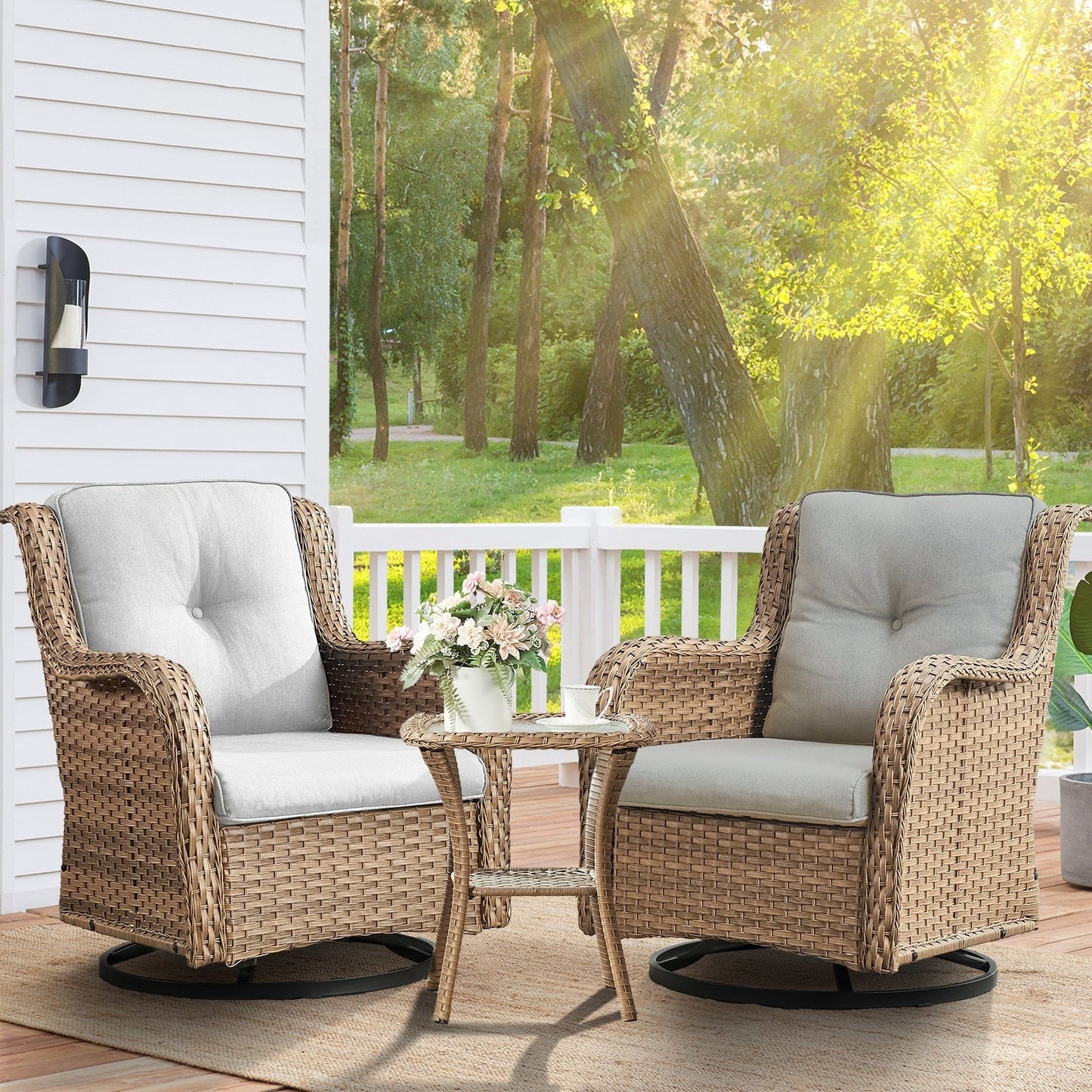 Set da bistrot girevole da esterno Pocassy da 3 pezzi, sedie a dondolo in vimini