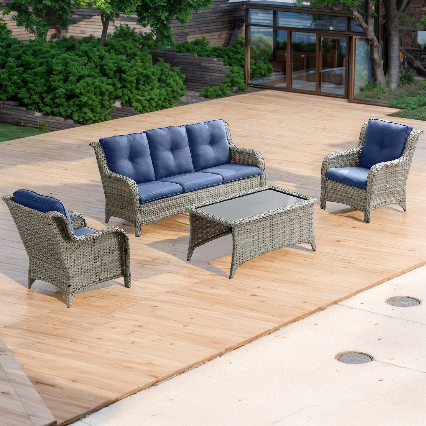 Divano da esterno Pocassy, ​​4 pezzi, sedia da giardino con tavolino