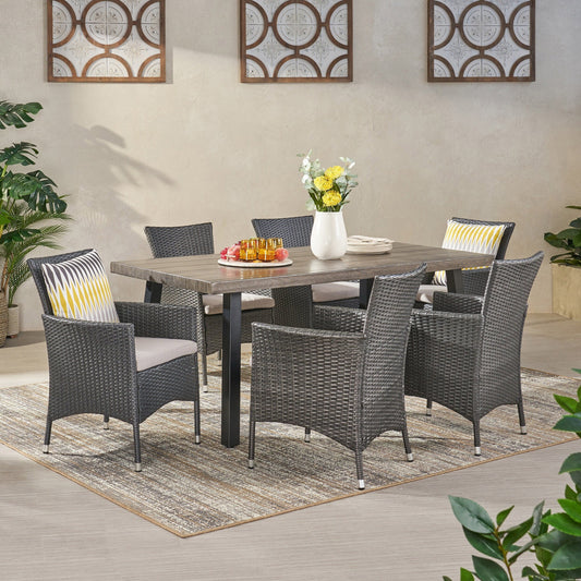 Set da pranzo da esterno Pointe da 7 pezzi in alluminio con sedie in vimini di Christopher Knight Home