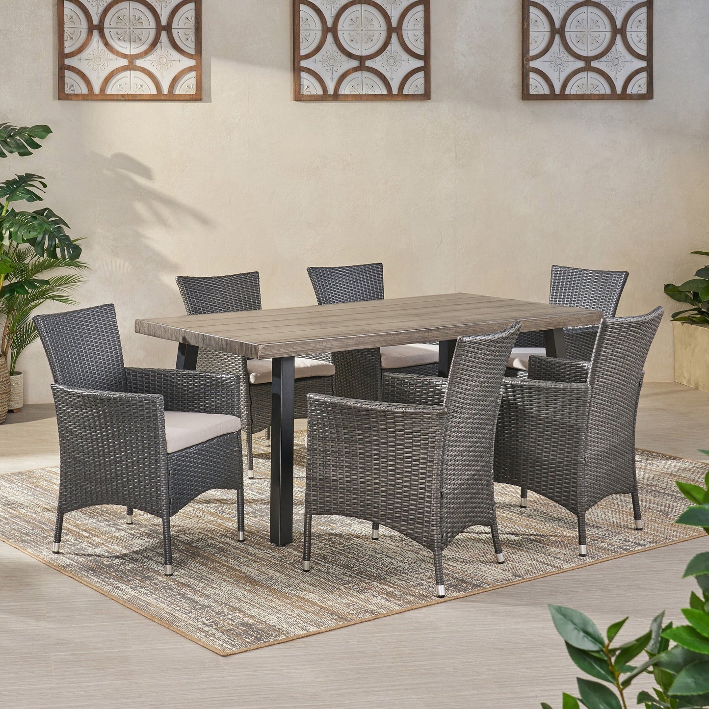 Set da pranzo da esterno Pointe da 7 pezzi in alluminio con sedie in vimini di Christopher Knight Home