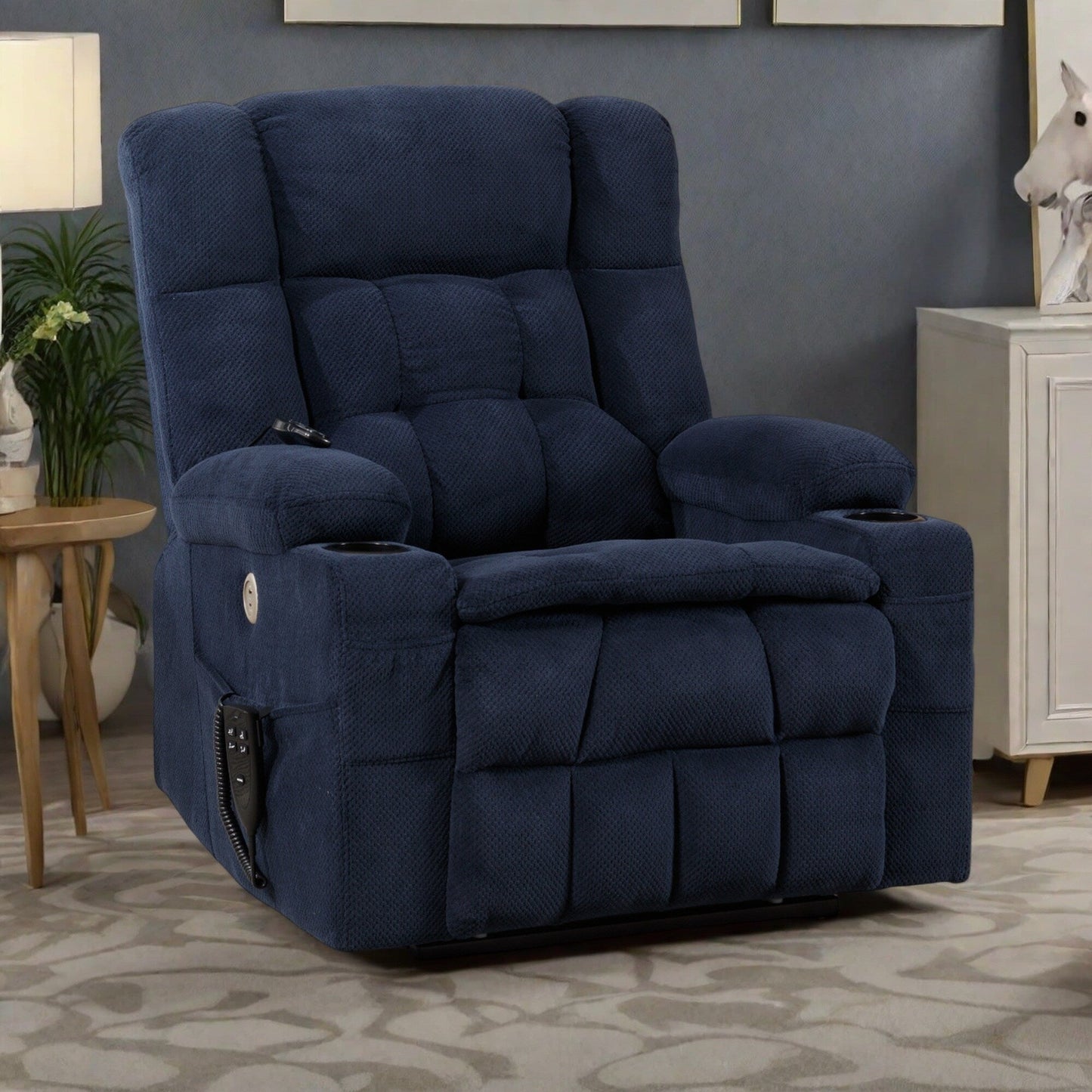 Poltrona reclinabile in poliestere con doppio motore, massaggio, riscaldamento lombare, portabicchieri e tasche laterali