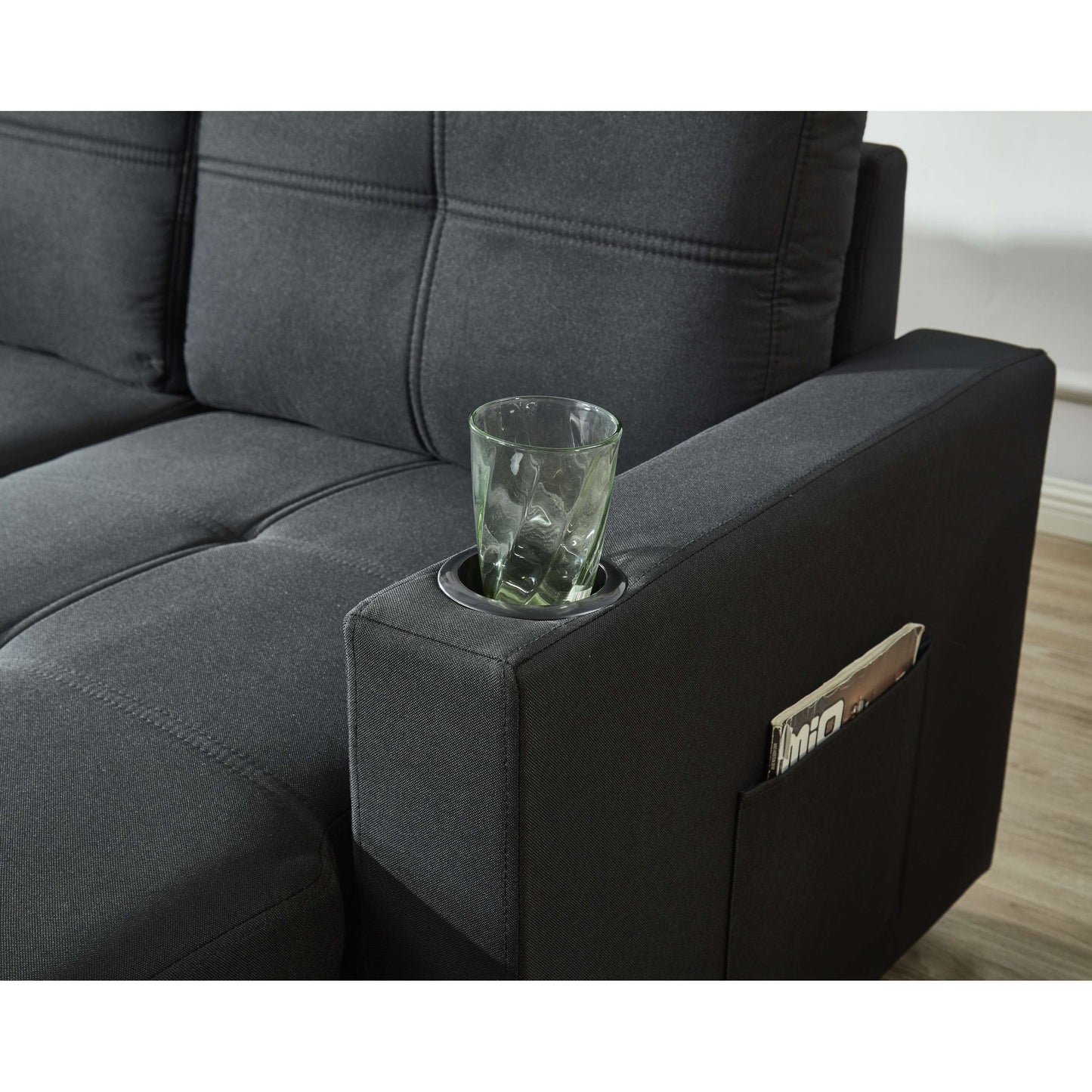 Divano componibile in lino, chaise longue reversibile con letto estraibile