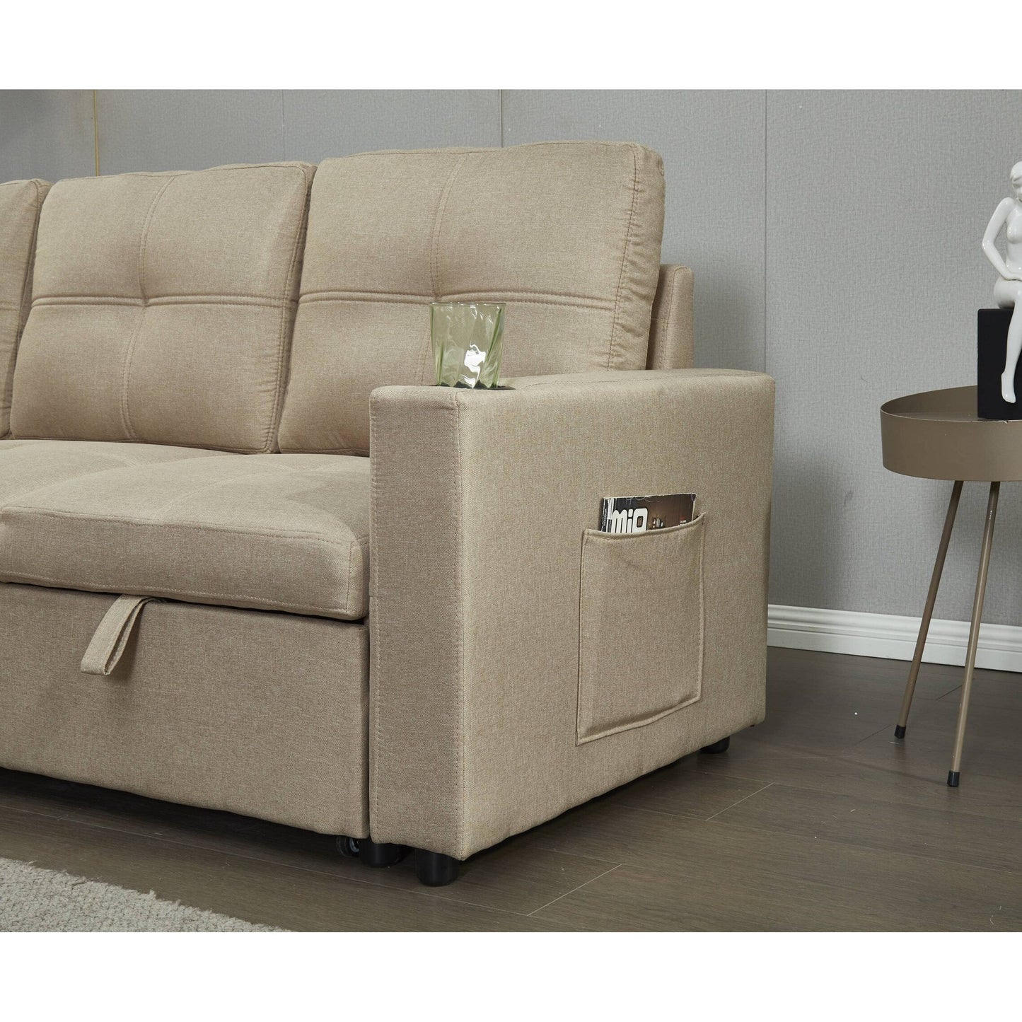 Divano componibile in lino, chaise longue reversibile con letto estraibile