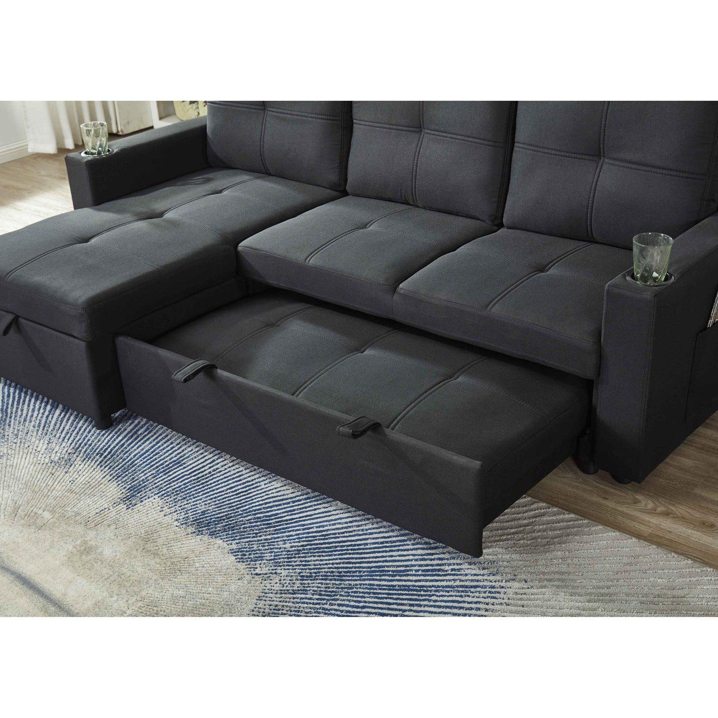 Divano componibile in lino, chaise longue reversibile con letto estraibile