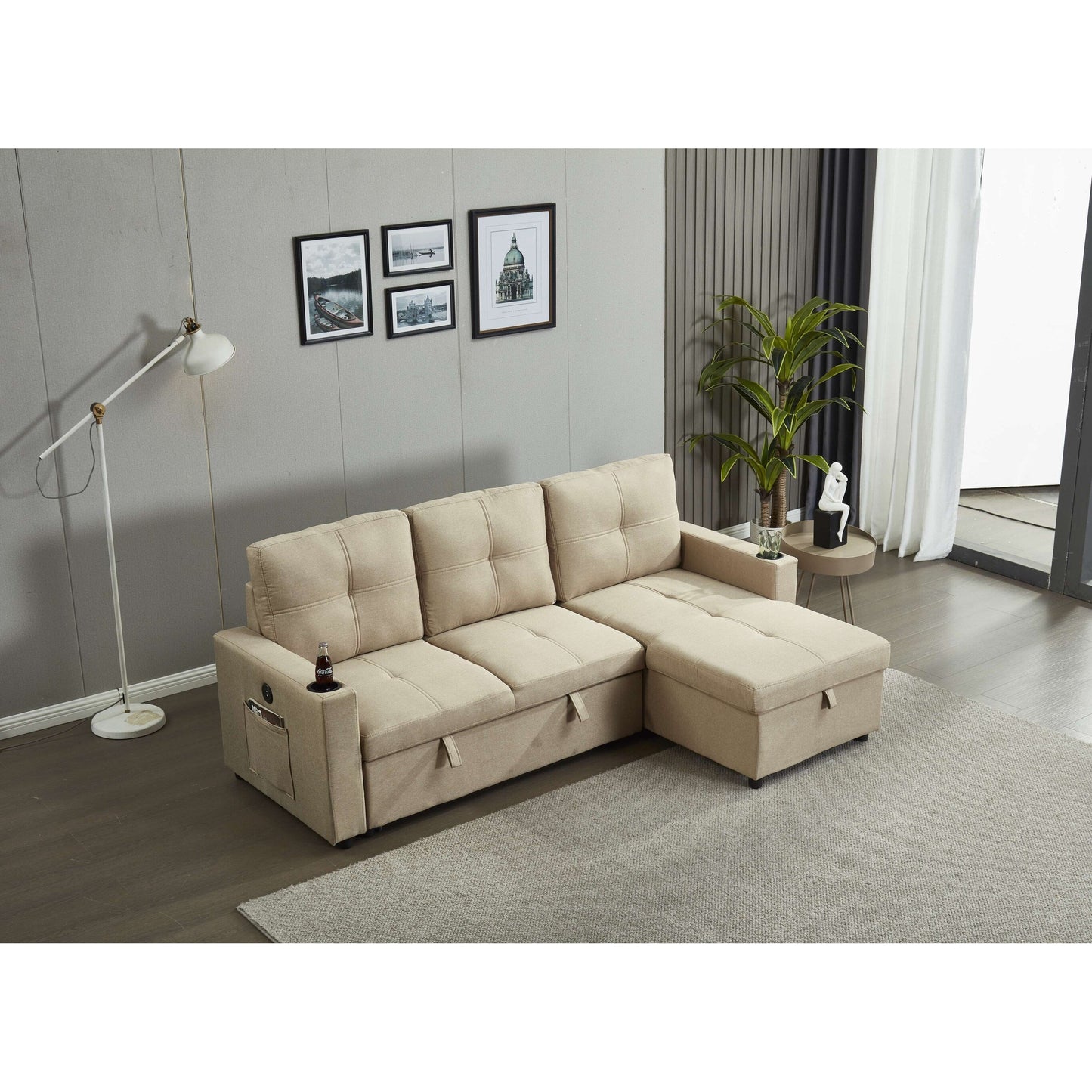 Divano componibile in lino, chaise longue reversibile con letto estraibile