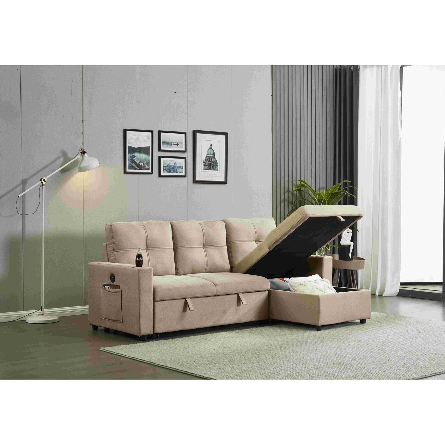 Divano componibile in lino, chaise longue reversibile con letto estraibile