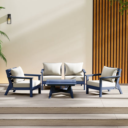 Polytrends Birchwood All Weather HDPE Set da conversazione per esterni da patio blu navy con posti a sedere profondi (set da 5 pezzi)
