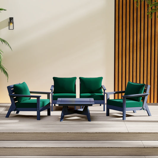 Polytrends Birchwood All Weather HDPE Set da conversazione per esterni da patio blu navy con posti a sedere profondi (set da 5 pezzi)