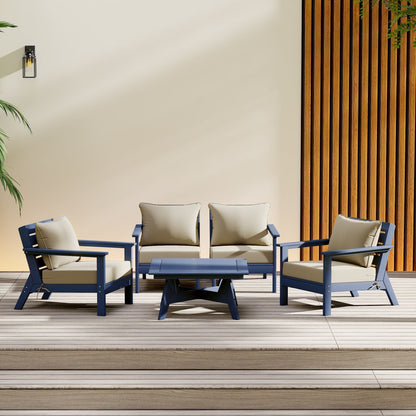 Polytrends Birchwood All Weather HDPE Set da conversazione per esterni da patio blu navy con posti a sedere profondi (set da 5 pezzi)