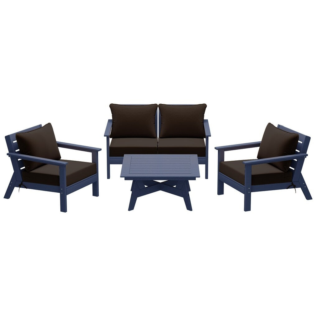 Polytrends Birchwood All Weather HDPE Set da conversazione per esterni da patio blu navy con posti a sedere profondi (set da 5 pezzi)