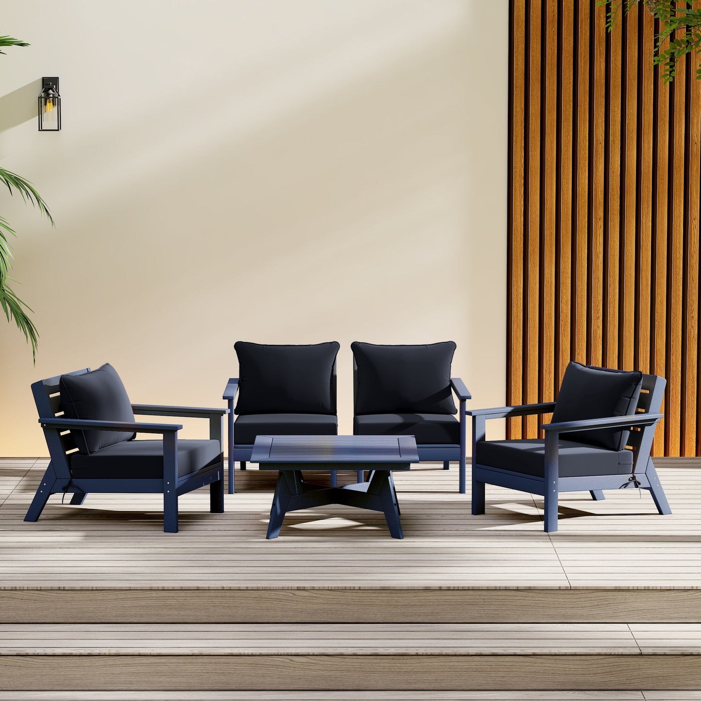 Polytrends Birchwood All Weather HDPE Set da conversazione per esterni da patio blu navy con posti a sedere profondi (set da 5 pezzi)