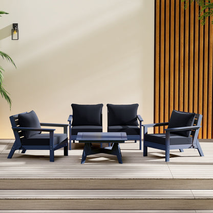Polytrends Birchwood All Weather HDPE Set da conversazione per esterni da patio blu navy con posti a sedere profondi (set da 5 pezzi)