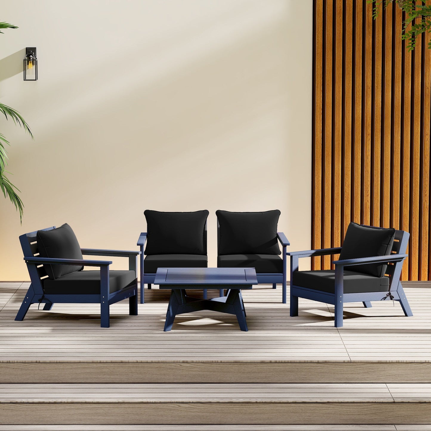 Polytrends Birchwood All Weather HDPE Set da conversazione per esterni da patio blu navy con posti a sedere profondi (set da 5 pezzi)