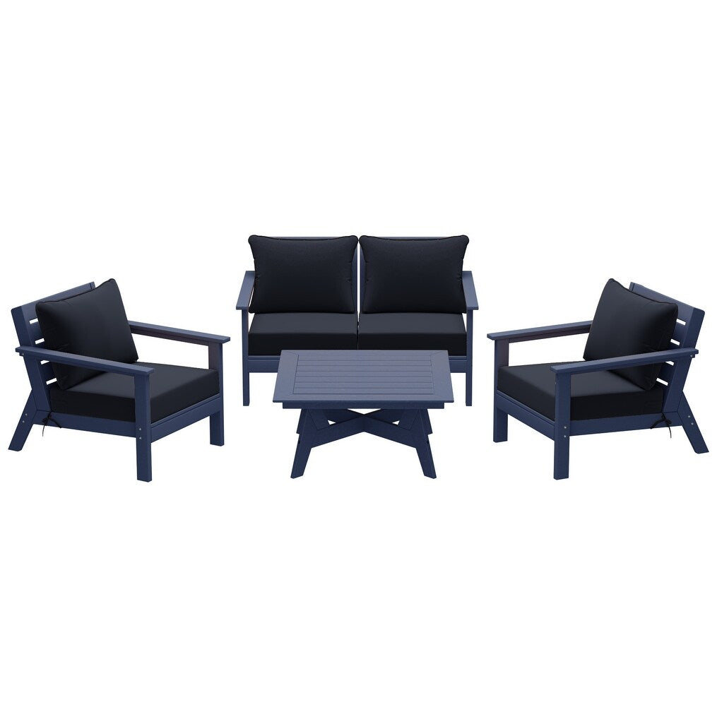 Polytrends Birchwood All Weather HDPE Set da conversazione per esterni da patio blu navy con posti a sedere profondi (set da 5 pezzi)