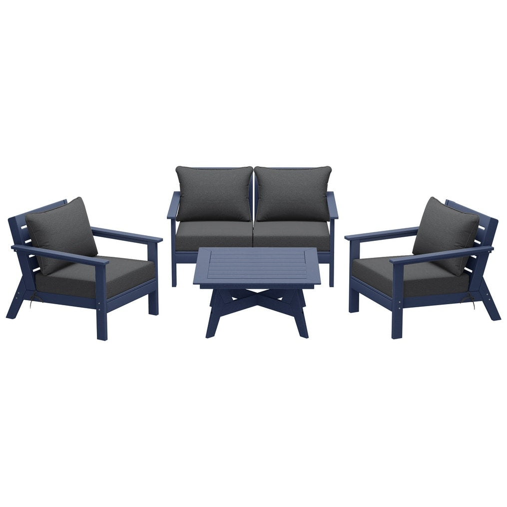 Polytrends Birchwood All Weather HDPE Set da conversazione per esterni da patio blu navy con posti a sedere profondi (set da 5 pezzi)